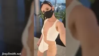 Jeny Smith tests her new suit. Flashing in public