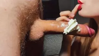 Gigantic Prick in Whipped Cream. Close up Oral Sex with Spunk in Mouth