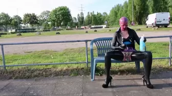 Pierced Latex Doll Outdoor in Transp Skirt Blouse Stockings Mask and Gloves Stretched Nipples Masturbates Huge Dildos P3