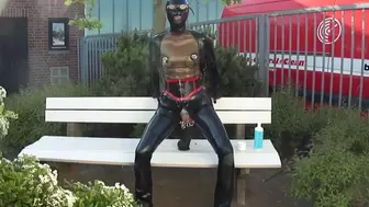 Pierced Plugged Latex Doll Masturbate Monster Rubber Dildo Pee and Blow Job in Black Jeans Corset Mask Blouse and Gloves Stretched Nipples in Public P3