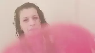 Eeve Showering With Big Red Balloons and Popping Them