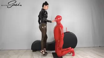 Using the red gimp locked in latex and chastity FullHD