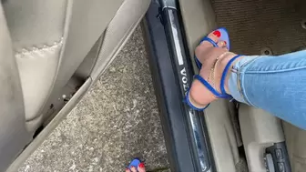 Cranking the Volvo in Blue High Heel Sandals & Barefoot