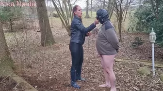 Slave is nailed outdoors by mistress in wellies