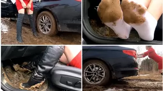 Car stuck in deep mud_BMW and sexy girl in muddy high boots_HD