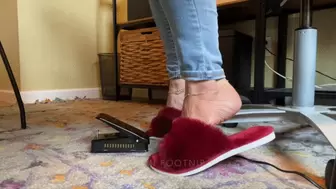 Sewing Pedal Pumping in Fuzzy Slippers & Barefoot