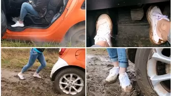 Sexy girl in Puma snickers got stuck in car in deep mud_FullHD