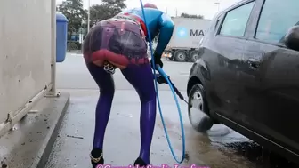 ORIGINAL SOUND! Latex Pierced Doll in Transparent Microskirt Purple Stocking, Demask Girdle, Mask Jacket & Corset with stretched vaginal piercings hanging out shopping and washes the car in Public and Fucking Huge Dildo PART 4