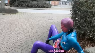 ORIGINAL SOUND! Latex Pierced Doll in Transparent Microskirt Purple Stocking, Demask Girdle, Mask Jacket & Corset with stretched vaginal piercings hanging out in Public Fucking Huge Dildo and Peeing PART 5