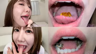 Miina Wakatsuki - Showing inside cute girl's mouth, chewing gummy candys, sucking fingers, licking and sucking human doll, and chewing dried sardines mout-91