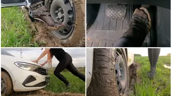 Car stuck in deep mud wearing sexy leggings, pantyhose and strappy high heels_FullHD
