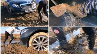 Real estate car stuck in deep mud in luxury Mercedes E class_HD