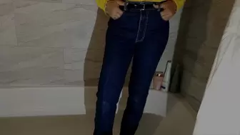 OOOO La La Latina in Tight Jordache Jeans Yellow Sleeve Shirt and Heels In Shower