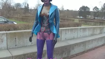 ORIGINAL SOUND! Latex Pierced Doll in Transparent Jeans, Stockings, Jacket gloves, Mask & Corset Inserting Metall Butt Plug and Walks in Public PART 2