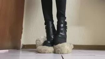 Lerisha cuts through and rips a teddy using high heel ankle boots