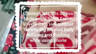 Giantess lola Sits on you Multi angle Toilet Fetish Voyeur Cam views Upset Tummy Big Bloated Belly Rubbing and Pushing while using phone