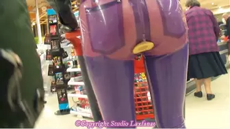 Orig Sound BUTT PLUGGED Shopping Latex Pierced Doll in Transparent Jeans, Stockings, Jacket, gloves, Mask & Corset PART 2