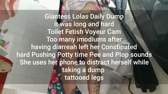 Giantess Lolas Daily Dump it was long and hard Toilet Fetish Voyeur Cam Too many imodiums after having diarreah left her Constipated hard Pushing Potty time Pee and Plop sounds She uses her phone to distract herself while taking a dump