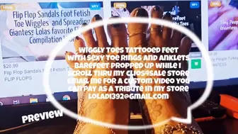 Wiggly Toes Tattooed Feet with Sexy Toe Rings and Anklets Barefeet propped up while i scroll thru my clips4sale store email me for a custom video you can pay as a tribute in my store