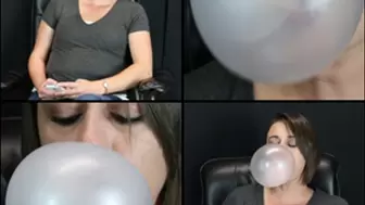 Rae Blowing Bubbles in Gray T-Shirt: Front View