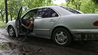 Natasha tries to drive Mercedes through muddy road and gets stuck