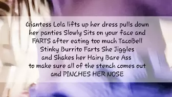 Giantess Lola lifts up her dress pulls down her panties and FARTS on you over and over Smell it Smell it she JIGGLEs her big ass to help the smell come out pinches her nose to avoid the stench and laughs at you