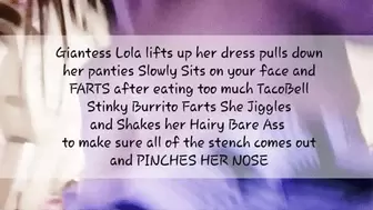 Giantess Lola lifts up her dress pulls down her panties Slowly Sits on your face and FARTS after eating too much TacoBell Stinky Burrito Farts She Jiggles and Shakes her Hairy Bare Ass to make sure all of the stench comes out and PINCHES HER NOSE avi