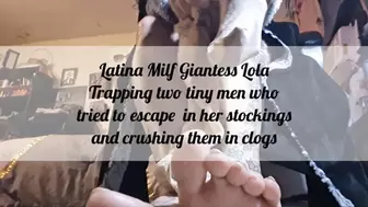 Latina Milf Giantess Lola Trapping two tiny men who tried to escape in her stockings and crushing them in clogs