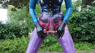 Original Sound! Latex Pierced Doll in Transparent Jeans, Purple Stocking, Waist Clincher & Garter Belt gloves and Mask Fucking Huge Rubber Dildo, Fingered, PEE and sucking Pierced Dick in Public PART 4
