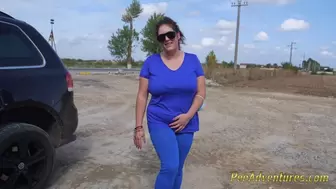 Chubby girl with huge breasts pee her pants outdoor