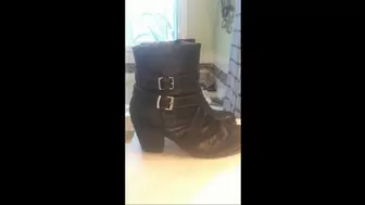 Carla's Christmas Shopping in Dirty Well Worn Black High Heeled Pant Boots C4S