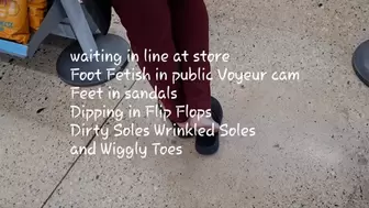 waiting in line at store Foot Fetish in public Voyeur cam Feet in sandals Dipping in Flip Flops Dirty Soles Wrinkled Soles and Wiggly Toes