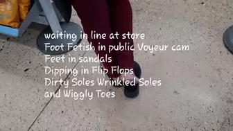 waiting in line at store Foot Fetish in public Voyeur cam Feet in sandals Dipping in Flip Flops Dirty Soles Wrinkled Soles and Wiggly Toes mkv