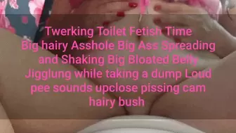 Twerking Toilet Fetish Time Big hairy Asshole Big Ass Spreading and Shaking Big Bloated Belly Jiggling while taking a dump Loud pee sounds upclose pissing cam hairy bush avi