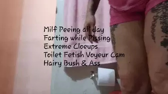 Milf Peeing all day Farting while Pissing Extreme Cloeups Toilet Fetish Voyeur Cam Hairy Bush & Ass