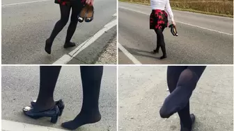 Sexy Emily is walking in opaque pantyhose in public