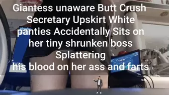 Giantess unaware Butt Crush Secretary Upskirt White panties Accidentally Sits on her tiny shrunken boss Splattering his body on her ass leaving red drips and farts