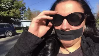 Blueheart Gagged in Public with Black Kinesio Tape