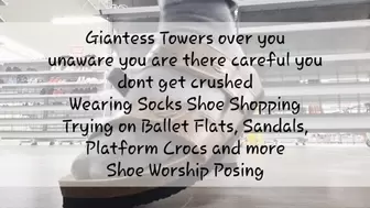 Giantess Towers over you unaware you are there careful you dont get crushed Wearing Socks Shoe Shopping Trying on Ballet Flats, Sandals, Platform Crocs and more Shoe Worship Posing mkv