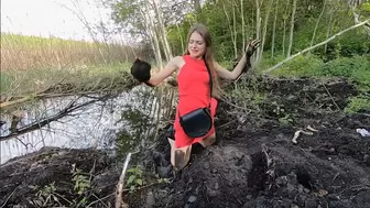 Spoiled arrogant brunette gets caught in the woods and falls into the mud