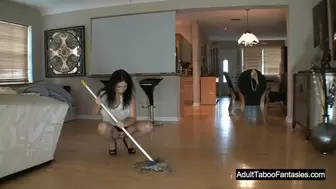 Pregnant Horny Wife Cleans Floor, Step-Son Takes And Fucks Her With The Mop, And His Fingers
