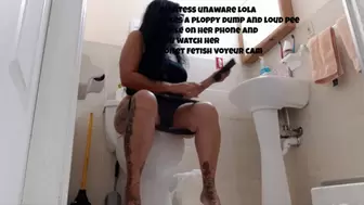 Giantess unaware Lola takes a ploppy dump and loud pee while on her phone and you watch her toilet fetish voyeur cam