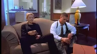 Federal agent toys with a pretty blonde with nice tits & doggy fucks her on sofa