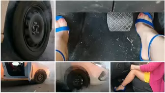 Crazy burnouts on asphalt_crushed tires_luxury sandals