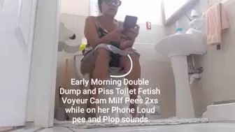 Early Morning Double Dump and Piss Toilet Fetish Voyeur Cam Milf Pees 2xs while on her Phone Loud pee and Plop sounds