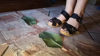 Italian girlfriend - leafs crush fetish jumping and stomping in wooden clogs