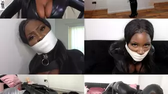 Cute submissive ebony girl zippy, restrained tape gagged and hooded