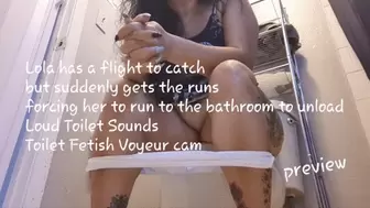 Lola has a flight to catch but suddenly gets the runs making her to run to the bathroom to unload Loud Toilet Sounds Toilet Fetish Voyeur cam