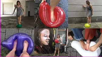 Barefooted Lilian has fun Popping Balloons