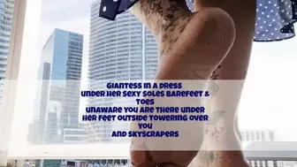 Giantess in a dress under her Sexy Soles Barefeet & toes unaware you are there under her feet outside towering over you and skyscrapers